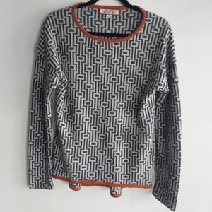 Beyond Threads Gray & Orange Geometric Pattern 100% Baby Alpaca Sweater